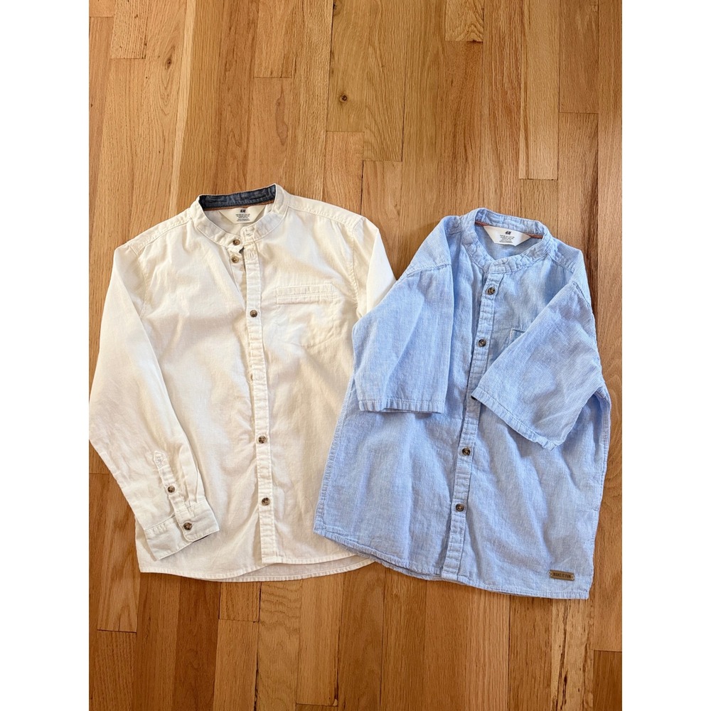 H&M Boy Linen Blend Mandarin Collar Shirt Bundle White & Blue Stripe Sz 7-8